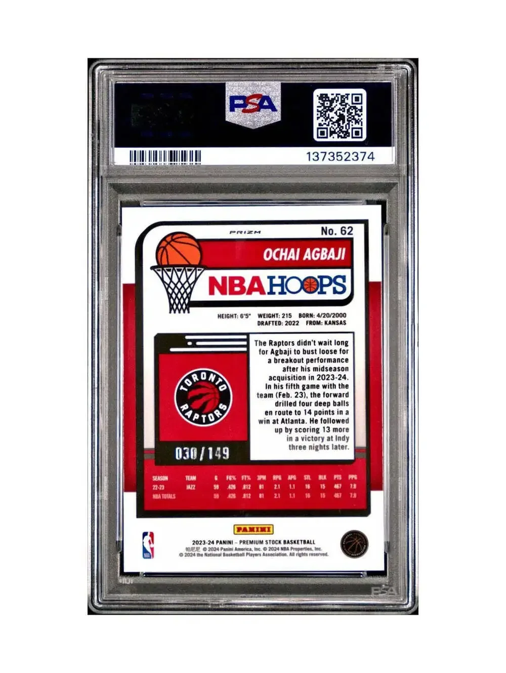 Ochai Agbaji 2023 Panini Hoops Premium #62 30/149 Red Disco Prizm PSA 10 Gem